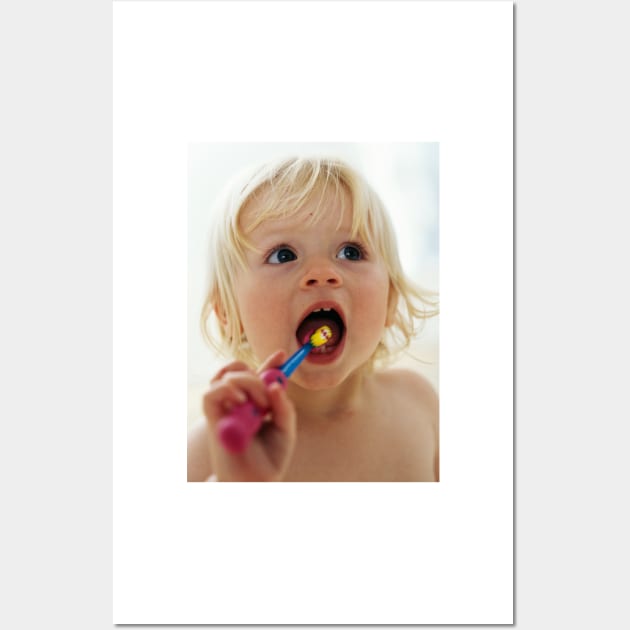 Baby girl brushing teeth (M830/1263) Wall Art by SciencePhoto